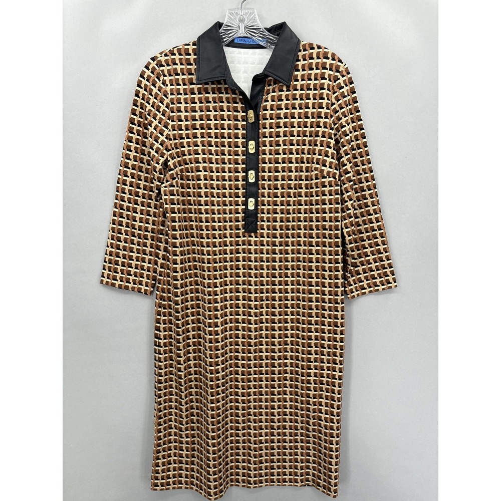 J.McLaughlin Dress Womens Small Brown Geo Print Faux Leather Collar 3/4 Sleeve